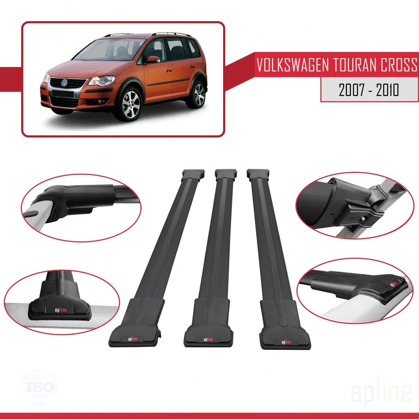 Compatible con Volkswagen Touran Cross Pre-Facelift 2007-2010 FLY Model Barras de Techo Auto Portaequipajes Barras Transversales Negro Aluminio 3 Barras