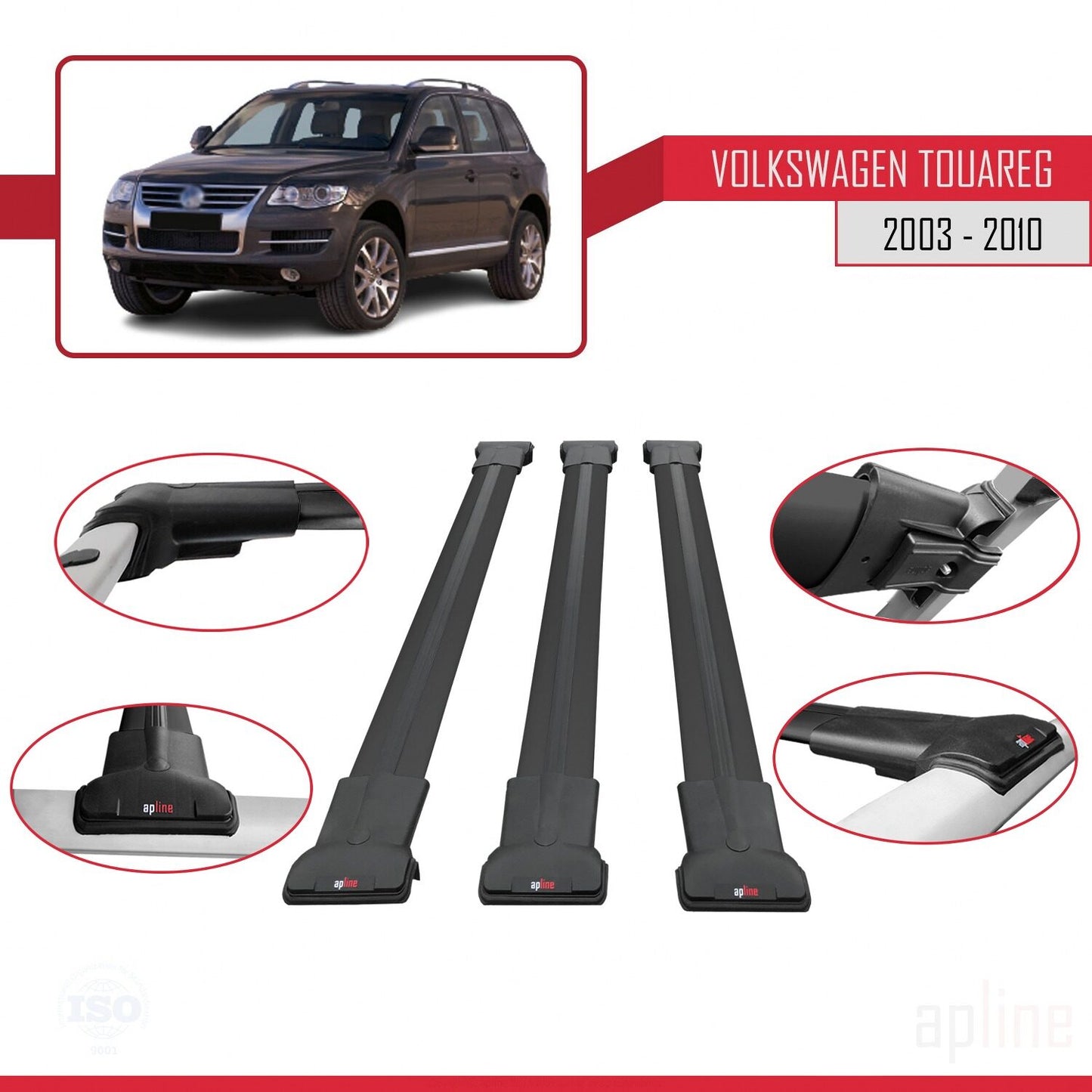 Compatible avec Volkswagen Touareg (7L) 2002-2010 FLY Model Barres de Toit Railing Porte-Bagages de Voiture Noir Aluminium 3 Barres