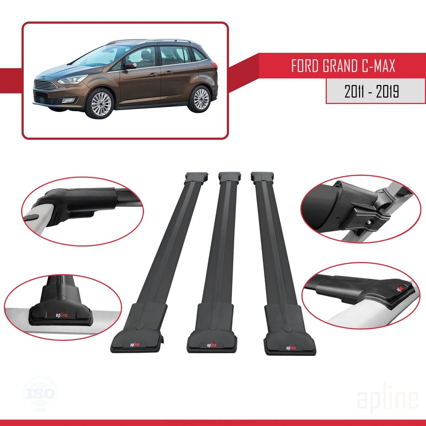 Compatibile con Ford Grand C-Max (C344) 2011-2019 FLY Model Barre Tetto Portapacchi Auto Barre Portatutto Nero Alluminio 3 Barre