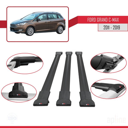 Compatibile con Ford Grand C-Max (C344) 2011-2019 FLY Model Barre Tetto Portapacchi Auto Barre Portatutto Nero Alluminio 3 Barre