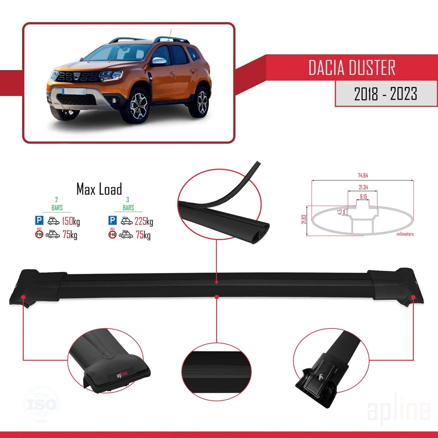 Compatibile con Dacia Duster 2 (HM) 2018-2024 FLY Model Barre Tetto Portapacchi Auto Barre Portatutto Nero Alluminio 2 Barre
