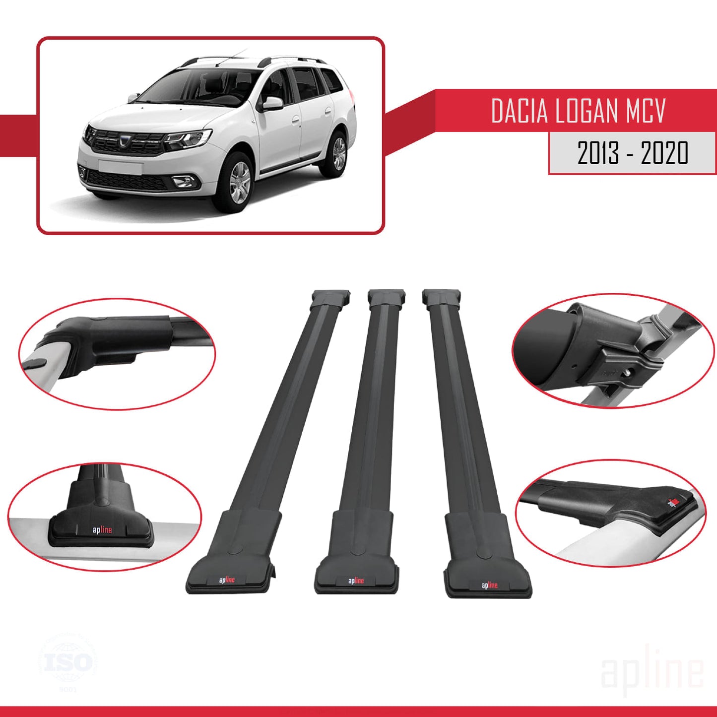 Compatible avec Dacia Logan 2 MCV (K52) 2013-2020 FLY Model Barres de Toit Railing Porte-Bagages de Voiture Noir Aluminium 3 Barres
