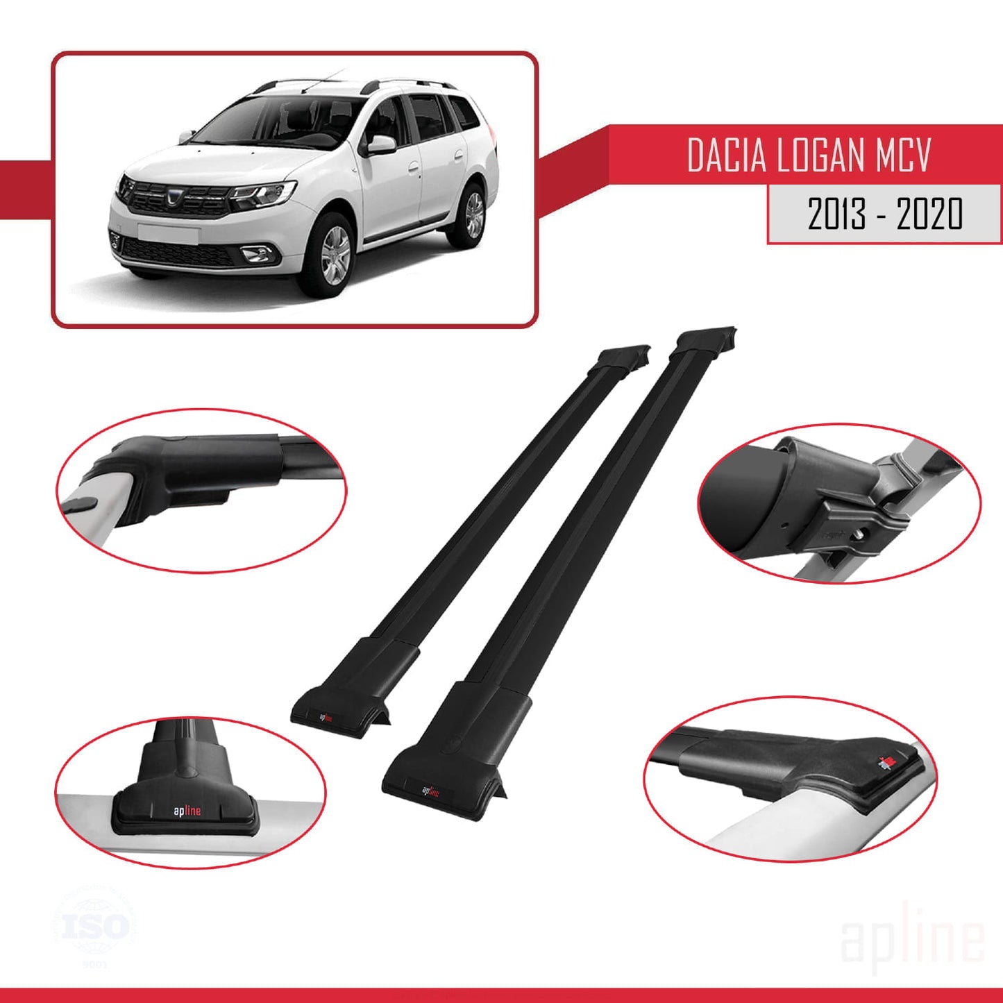 Compatible avec Dacia Logan 2 MCV (K52) 2013-2020 FLY Model Barres de Toit Railing Porte-Bagages de Voiture Noir Aluminium 2 Barres