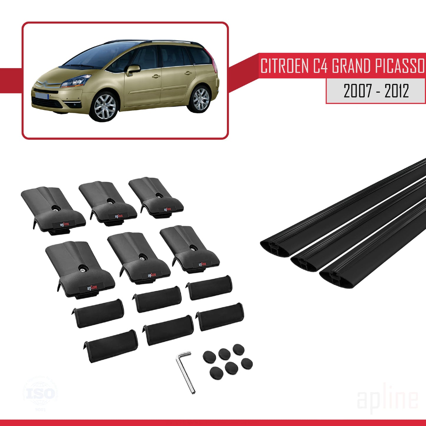 Compatible avec Citroen Grand C4 Picasso 2007-2012 FLY Model Barres de Toit Railing Porte-Bagages de Voiture Noir Aluminium 3 Barres