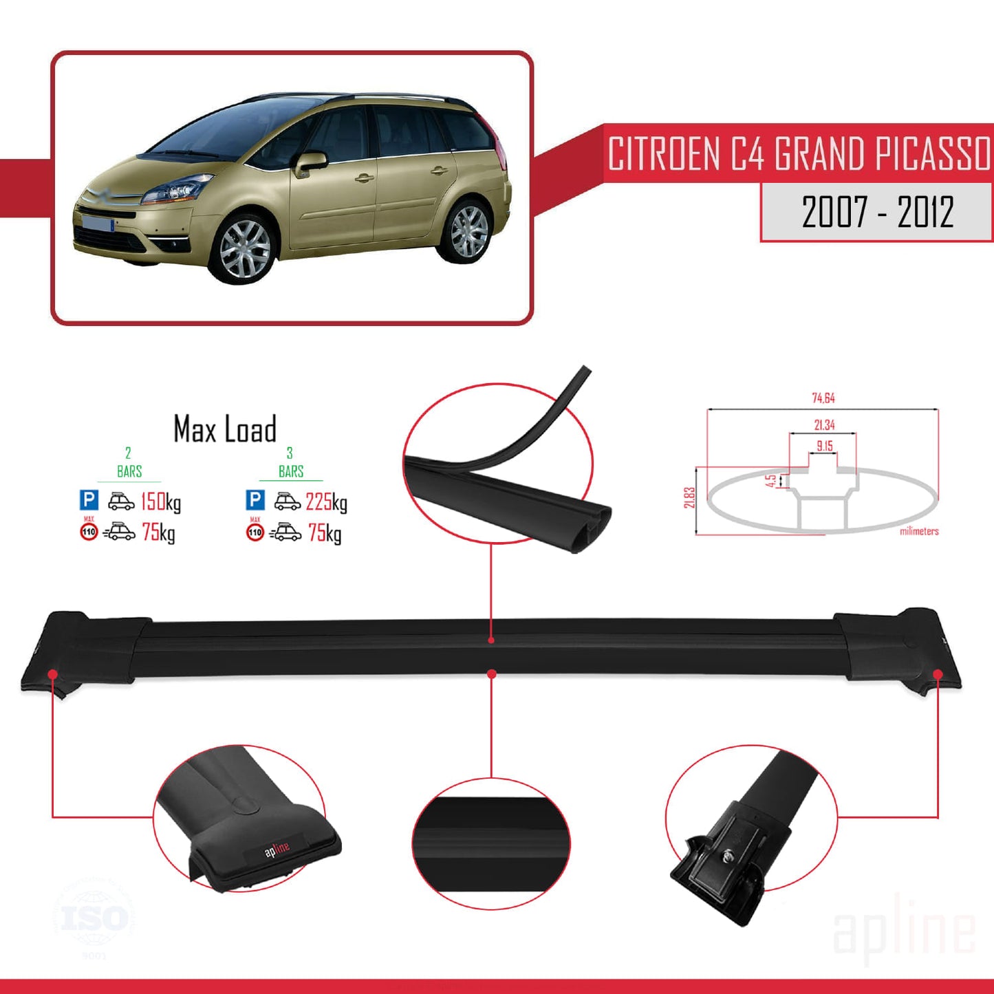Compatible avec Citroen Grand C4 Picasso 2007-2012 FLY Model Barres de Toit Railing Porte-Bagages de Voiture Noir Aluminium 2 Barres