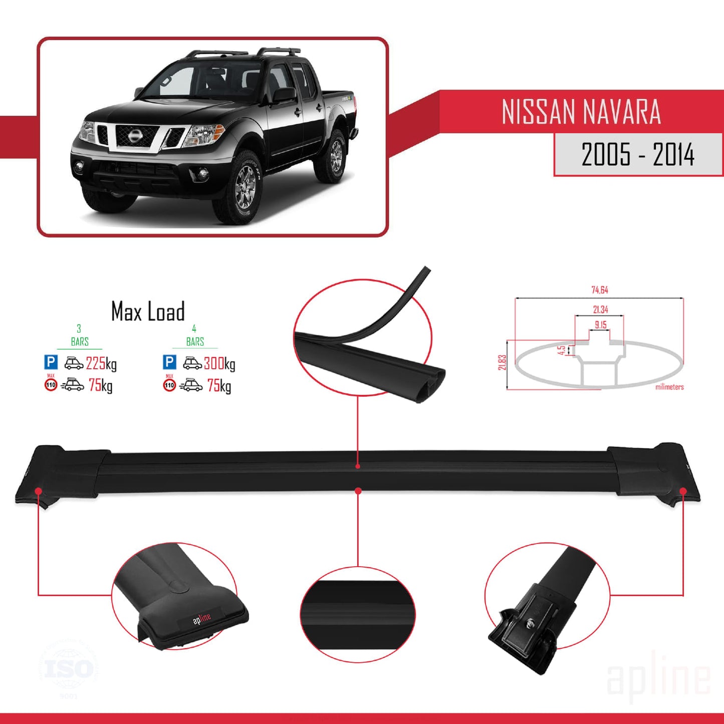 FLY Model Dakdrager bagagedrager compatibel met Nissan Navara 3 (D40) 2005-2014 Spoorstaven Zwart Aluminium 3 Staven
