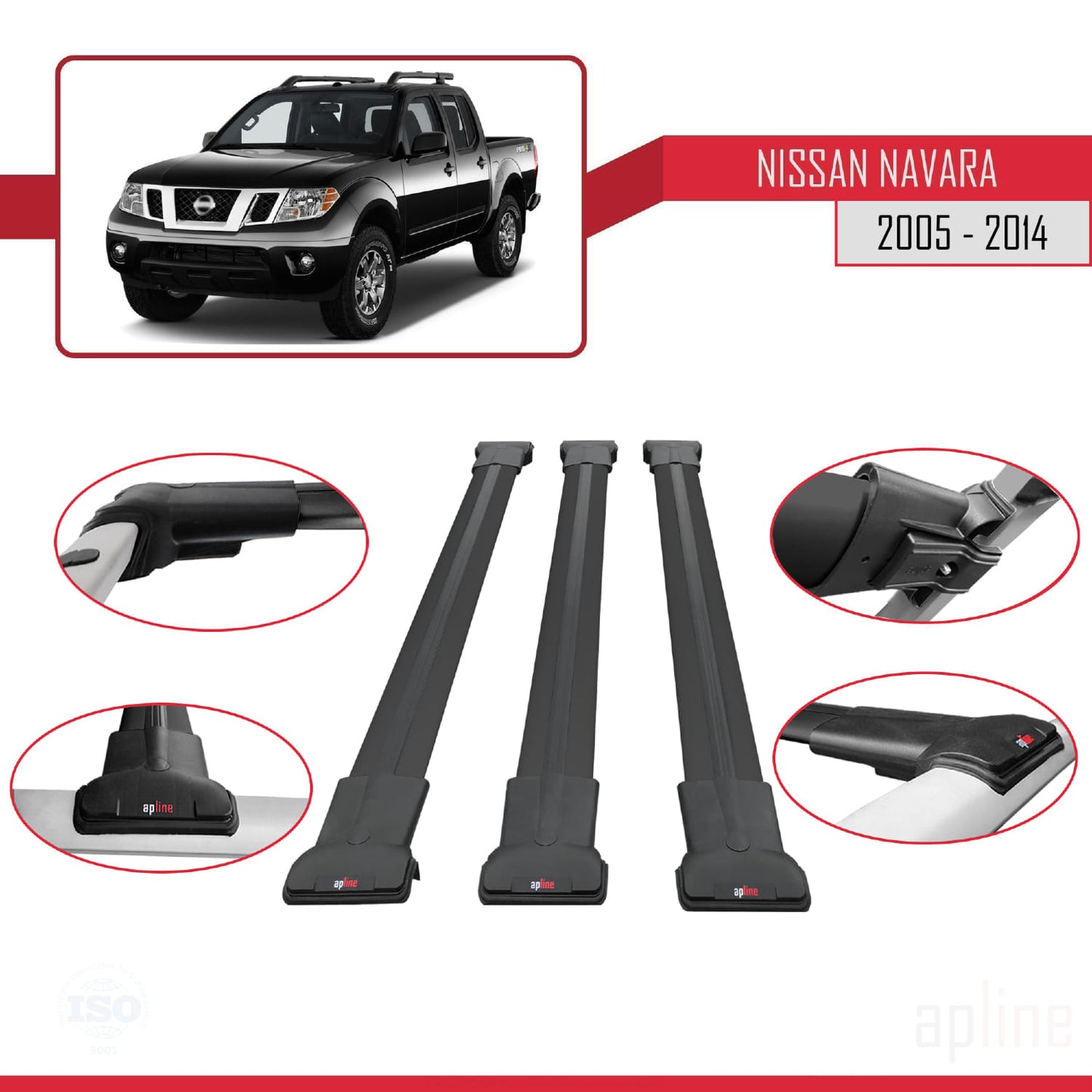 FLY Model Dakdrager bagagedrager compatibel met Nissan Navara 3 (D40) 2005-2014 Spoorstaven Zwart Aluminium 3 Staven