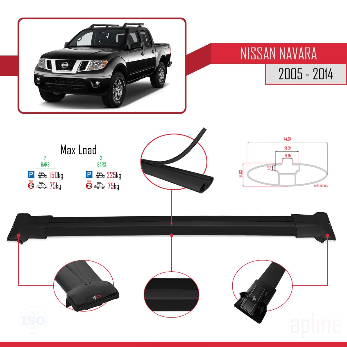Compatible avec Nissan Navara 3 (D40) 2005-2014 FLY Model Barres de Toit Railing Porte-Bagages de Voiture Noir Aluminium 2 Barres