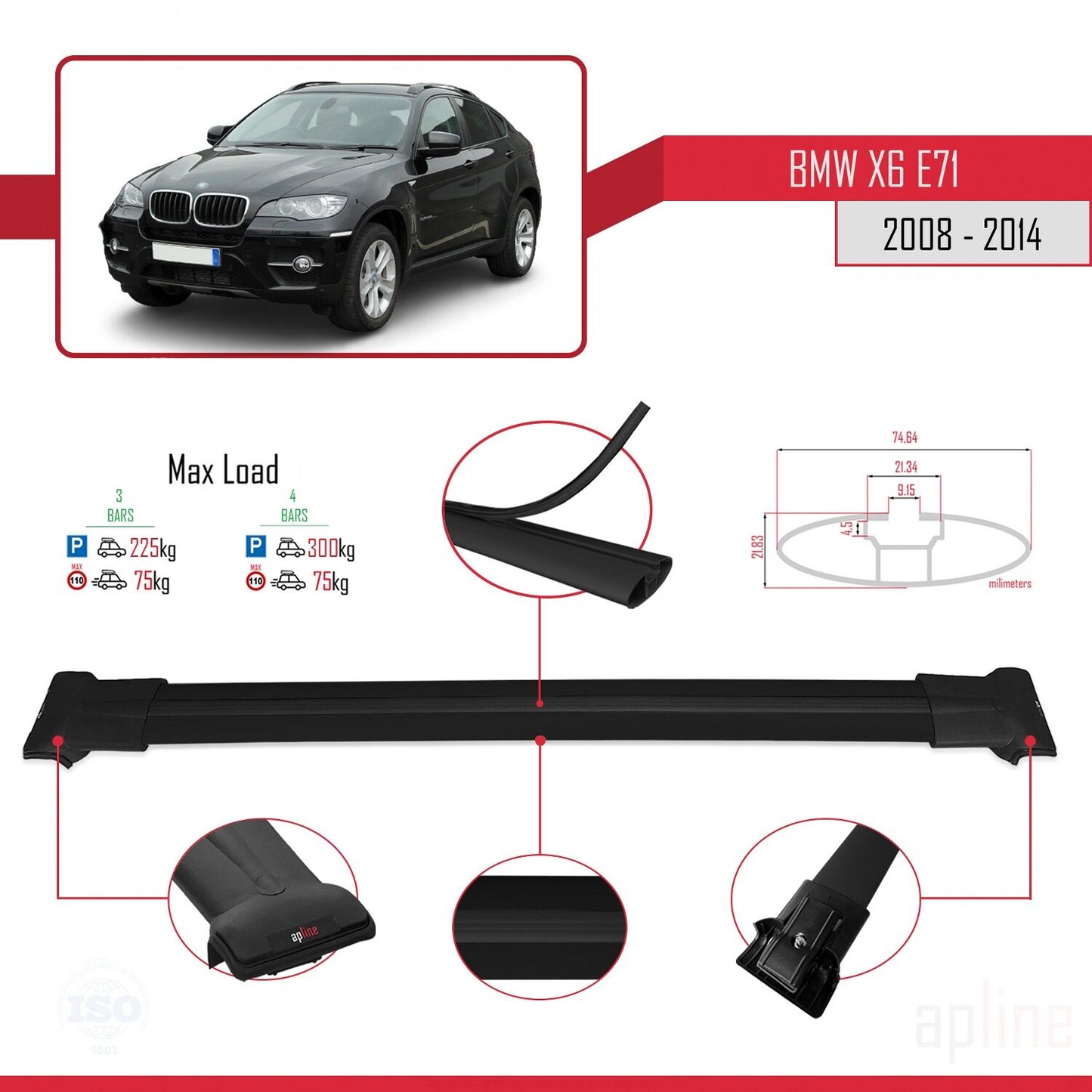 FLY Model Dakdrager bagagedrager compatibel met BMW X6 (E71) 2008-2014 Spoorstaven Zwart Aluminium 3 Staven
