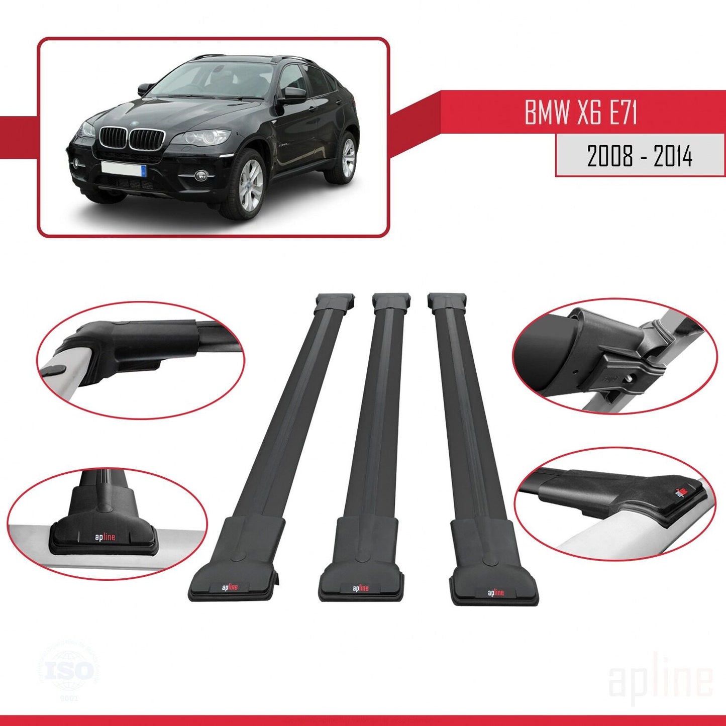 FLY Model Dakdrager bagagedrager compatibel met BMW X6 (E71) 2008-2014 Spoorstaven Zwart Aluminium 3 Staven