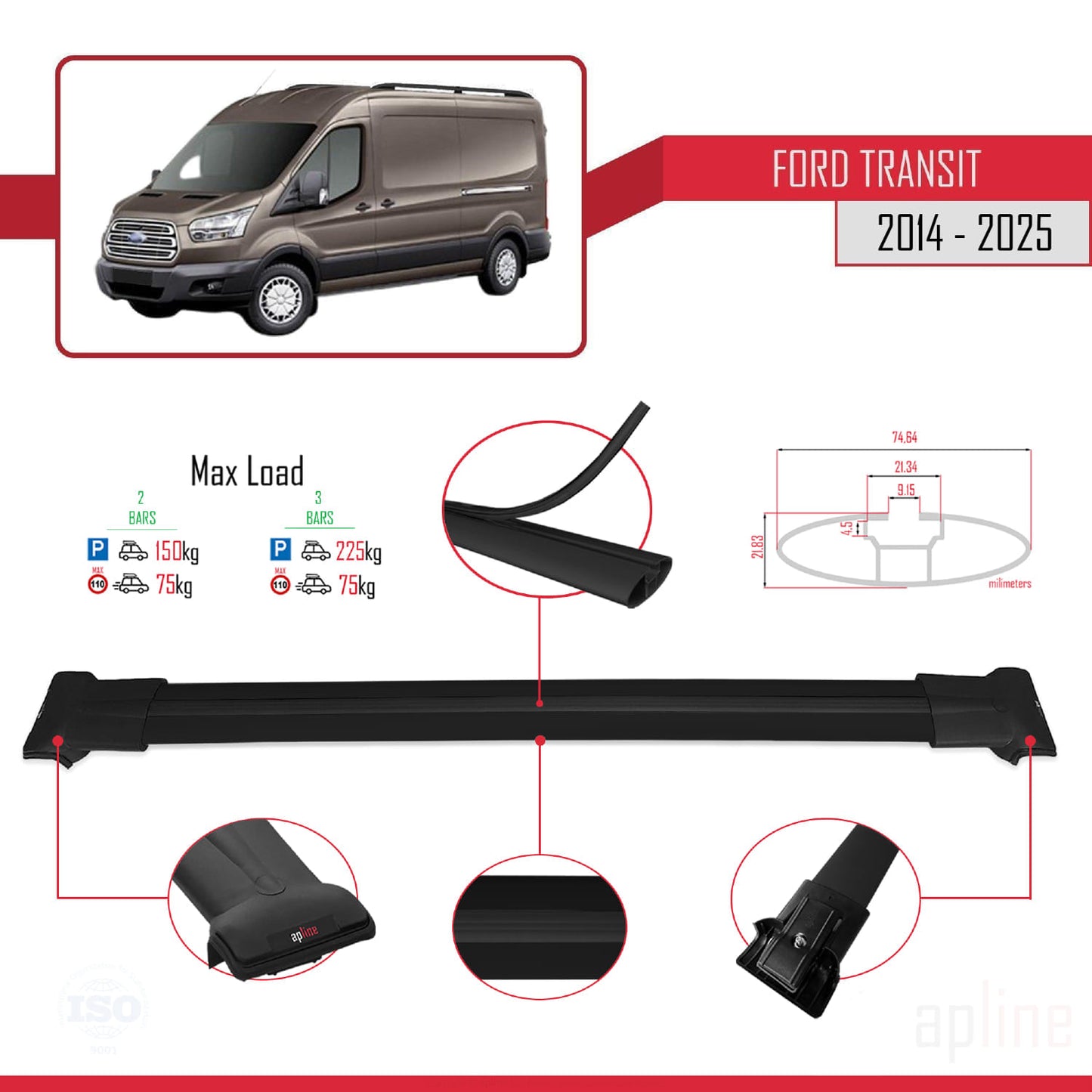 Kompatibel mit Ford Transit 2014-2025 FLY Model Relingträger Dachträger Auto Gepäckträger Schwarz Aluminium 2 Stangen