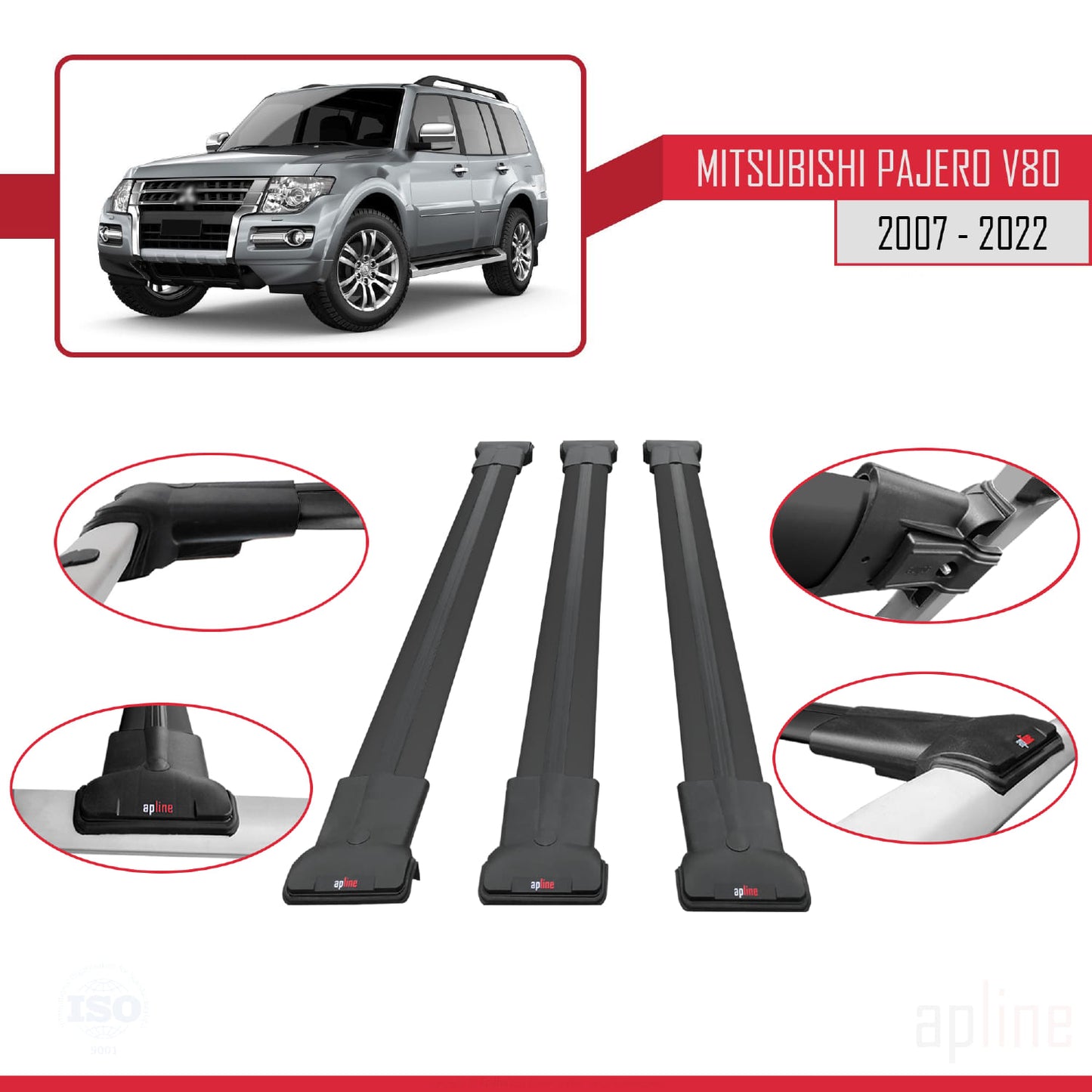 Compatible avec Mitsubishi Pajero (V80) 2007-2022 FLY Model Barres de Toit Railing Porte-Bagages de Voiture Noir Aluminium 3 Barres