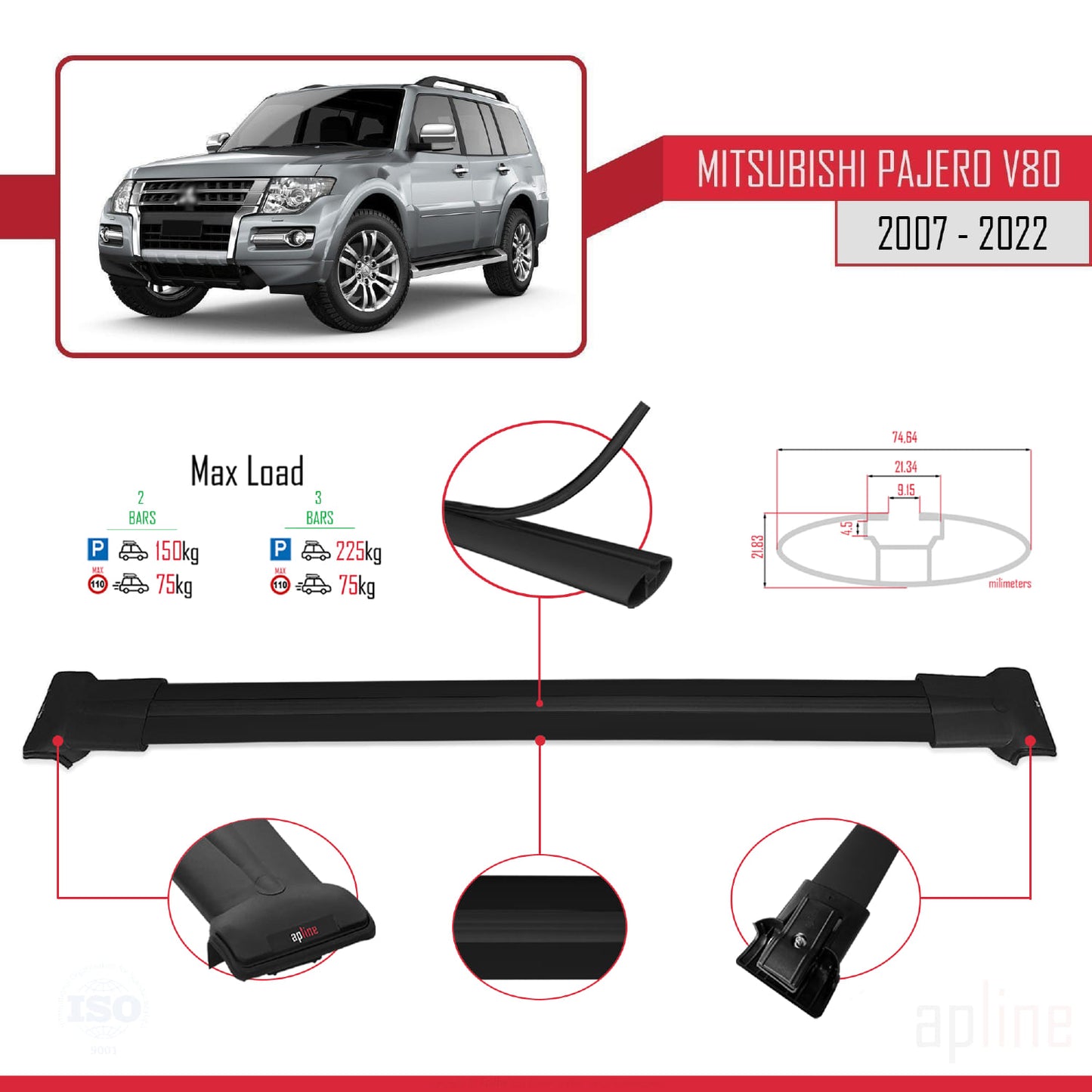 Compatible avec Mitsubishi Pajero (V80) 2007-2022 FLY Model Barres de Toit Railing Porte-Bagages de Voiture Noir Aluminium 2 Barres