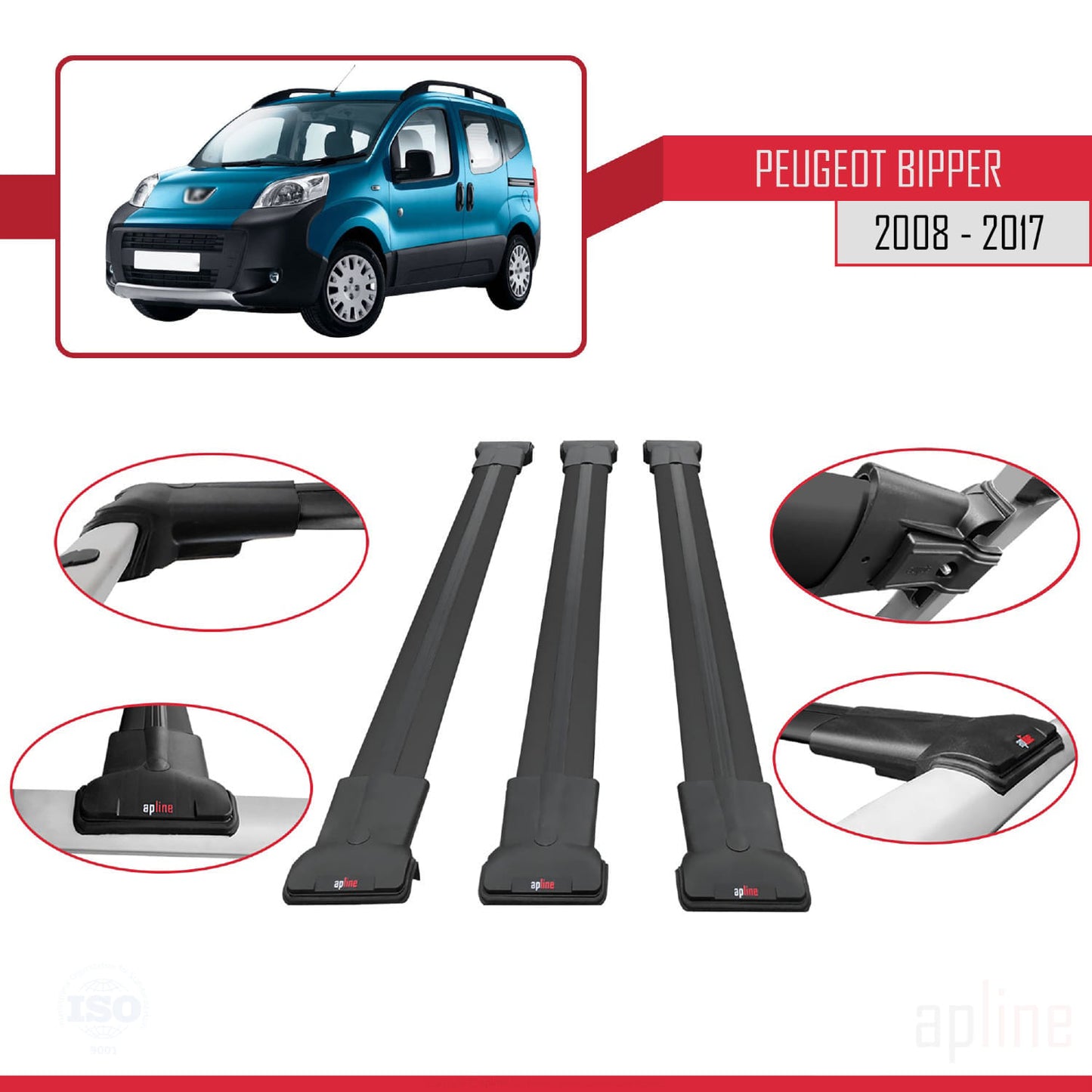 Compatible avec Peugeot Bipper 2008-2017 FLY Model Barres de Toit Railing Porte-Bagages de Voiture Noir Aluminium 3 Barres