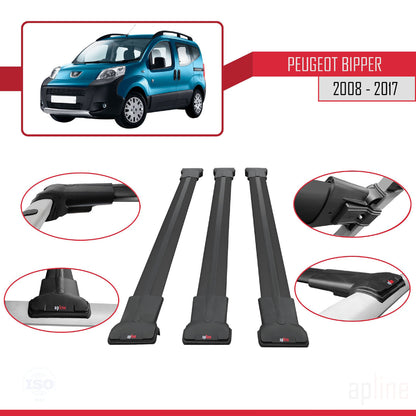 Compatible avec Peugeot Bipper 2008-2017 FLY Model Barres de Toit Railing Porte-Bagages de Voiture Noir Aluminium 3 Barres