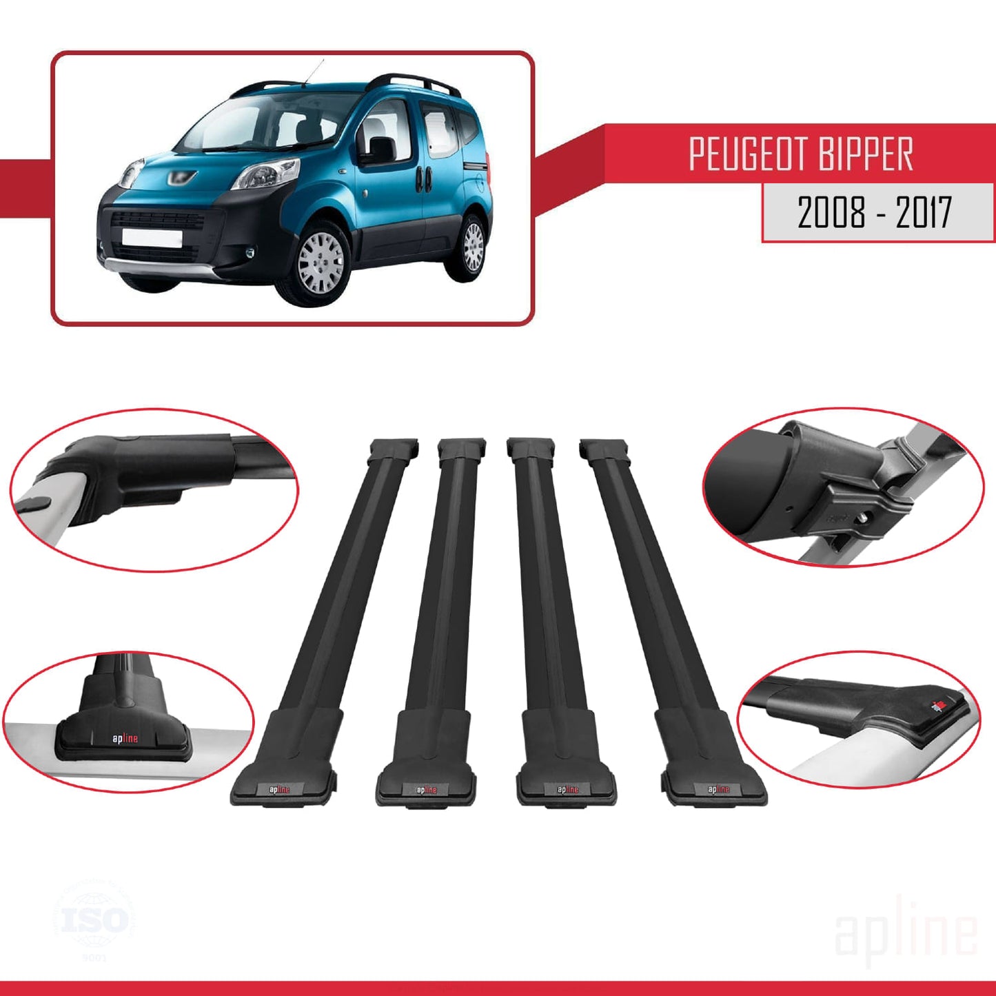 Compatible avec Peugeot Bipper 2008-2017 FLY Model Barres de Toit Railing Porte-Bagages de Voiture Noir Aluminium 4 Barres