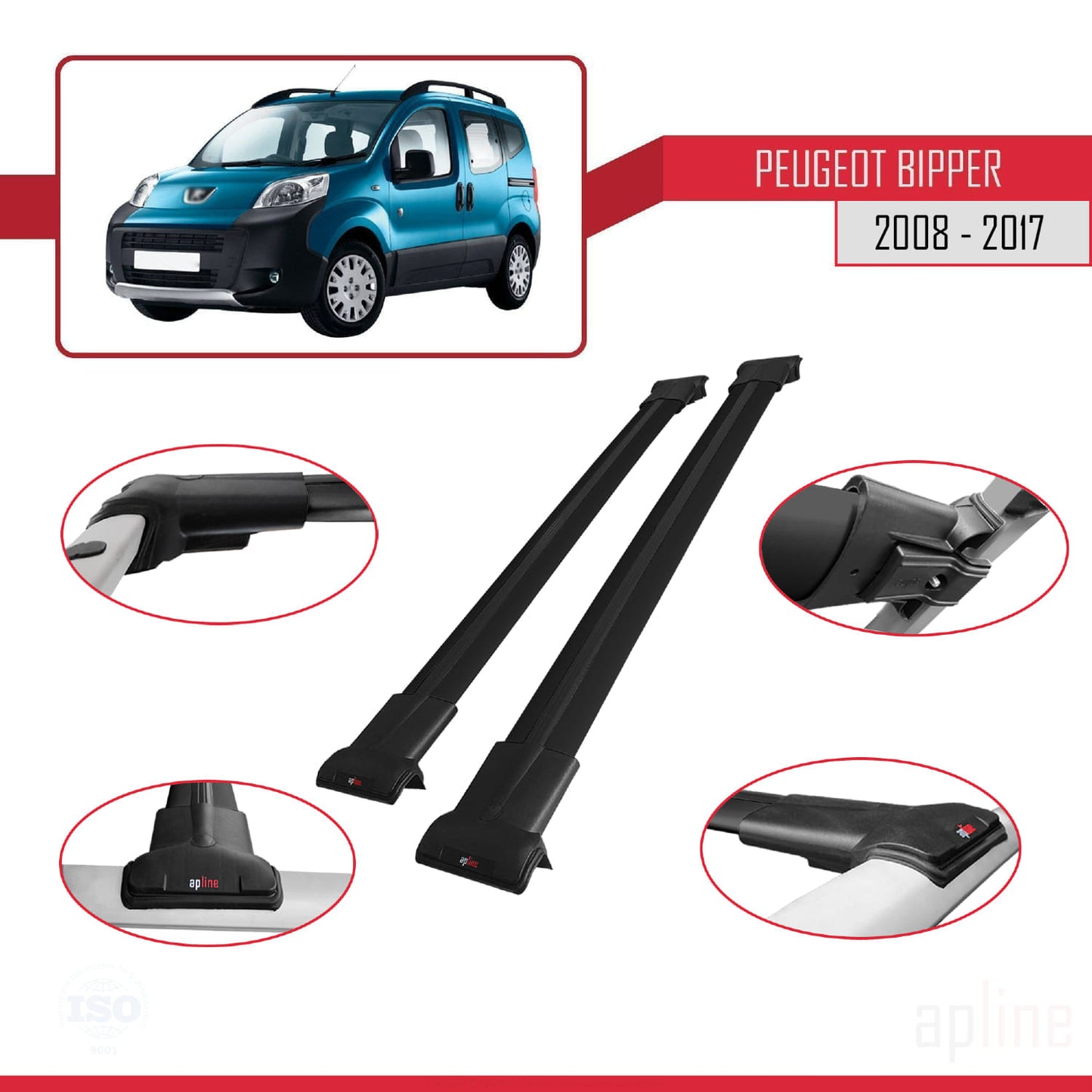 Compatibile con Peugeot Bipper 2008-2017 FLY Model Barre Tetto Portapacchi Auto Barre Portatutto Nero Alluminio 2 Barre