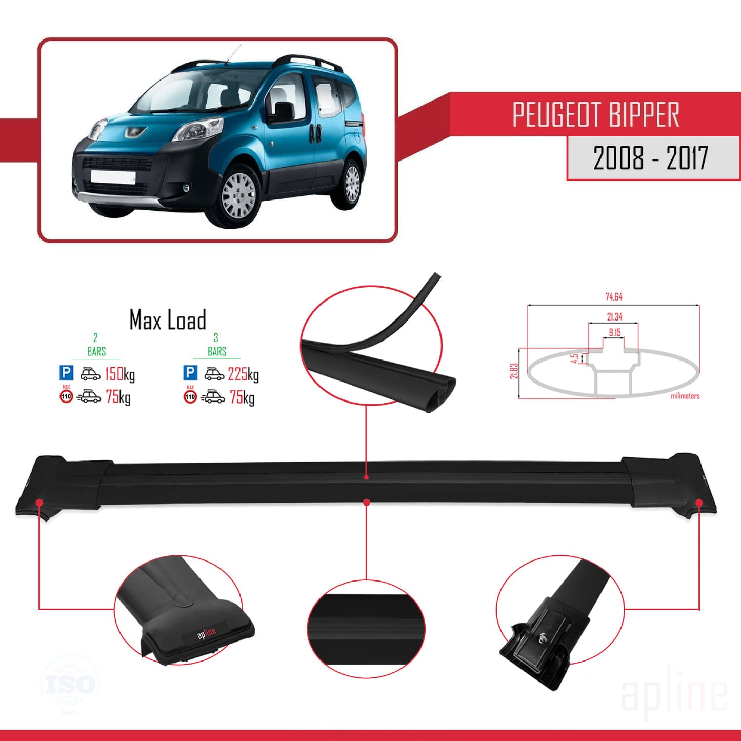 Compatibile con Peugeot Bipper 2008-2017 FLY Model Barre Tetto Portapacchi Auto Barre Portatutto Nero Alluminio 2 Barre
