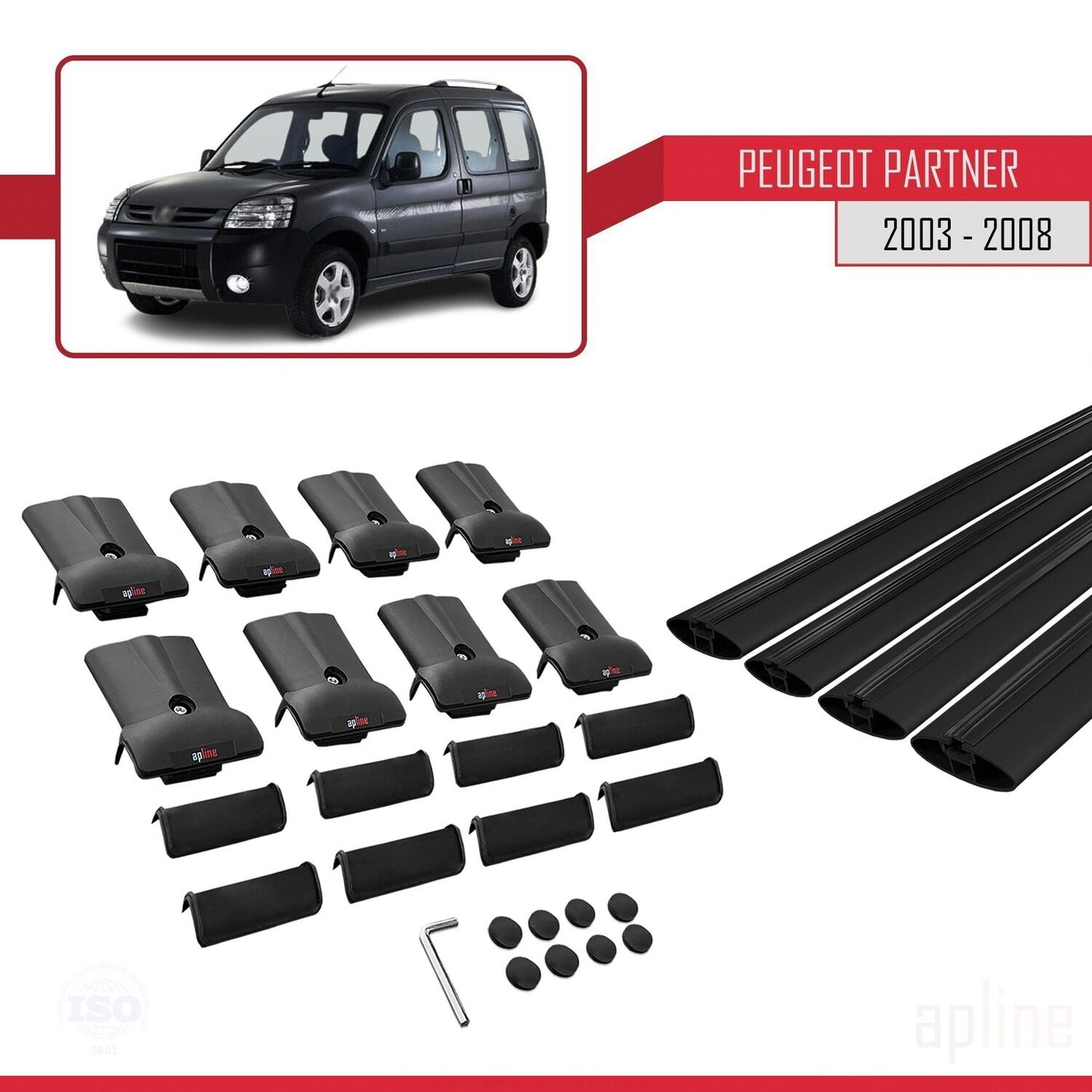 Compatible avec Peugeot Partner Post-Facelift 2003-2008 FLY Model Barres de Toit Railing Porte-Bagages de Voiture Noir Aluminium 4 Barres