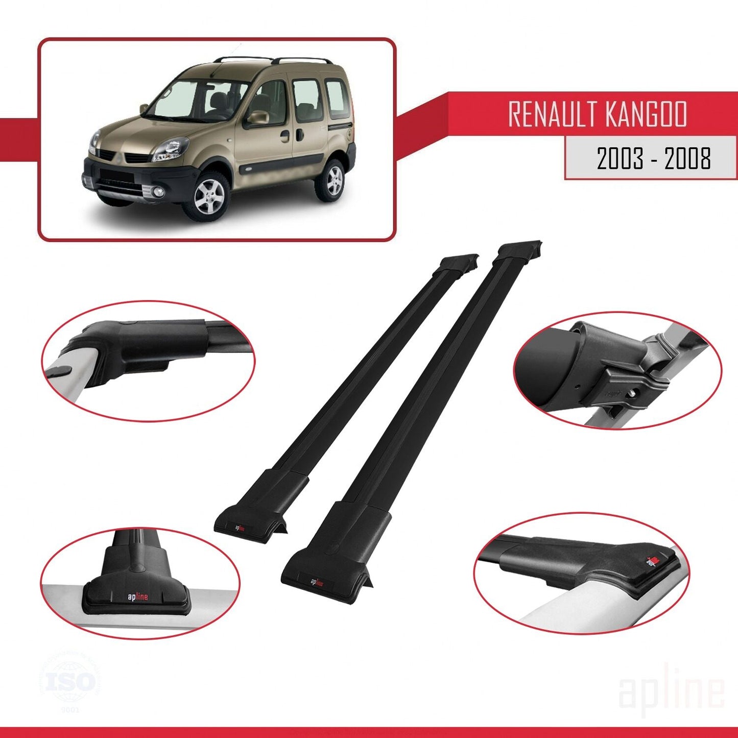 FLY Model Dakdrager bagagedrager compatibel met Renault Kangoo (X76) Post-Facelift 2003-2008 Spoorstaven Zwart Aluminium 2 Staven