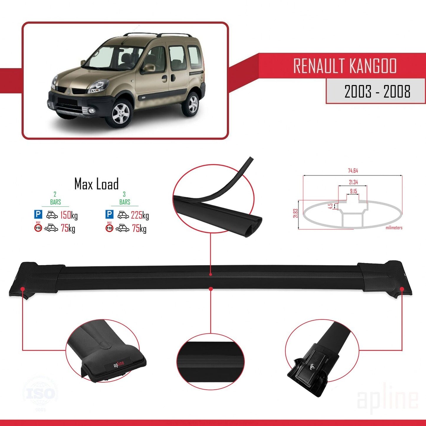 FLY Model Dakdrager bagagedrager compatibel met Renault Kangoo (X76) Post-Facelift 2003-2008 Spoorstaven Zwart Aluminium 2 Staven