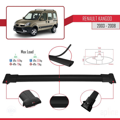 FLY Model Dakdrager bagagedrager compatibel met Renault Kangoo (X76) Post-Facelift 2003-2008 Spoorstaven Zwart Aluminium 2 Staven