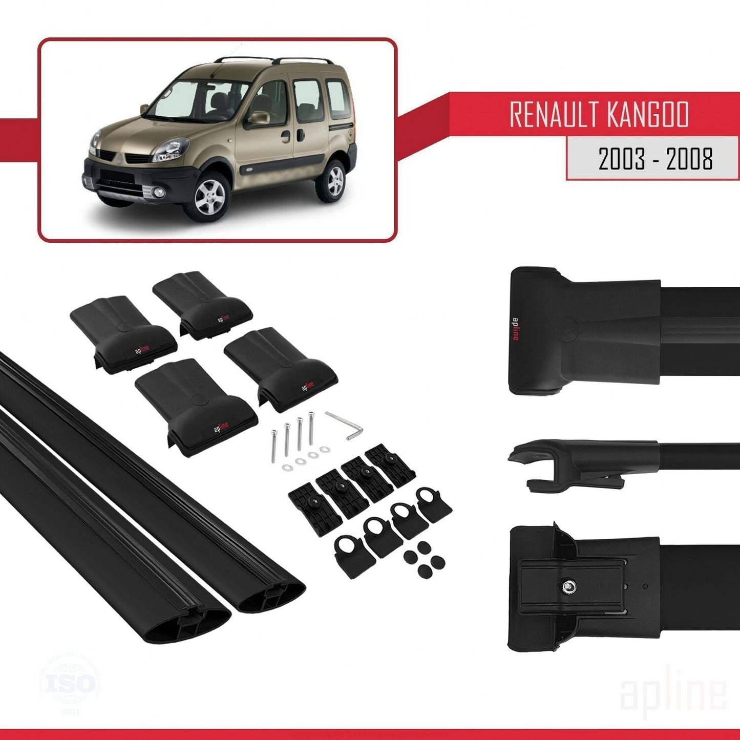 FLY Model Dakdrager bagagedrager compatibel met Renault Kangoo (X76) Post-Facelift 2003-2008 Spoorstaven Zwart Aluminium 2 Staven