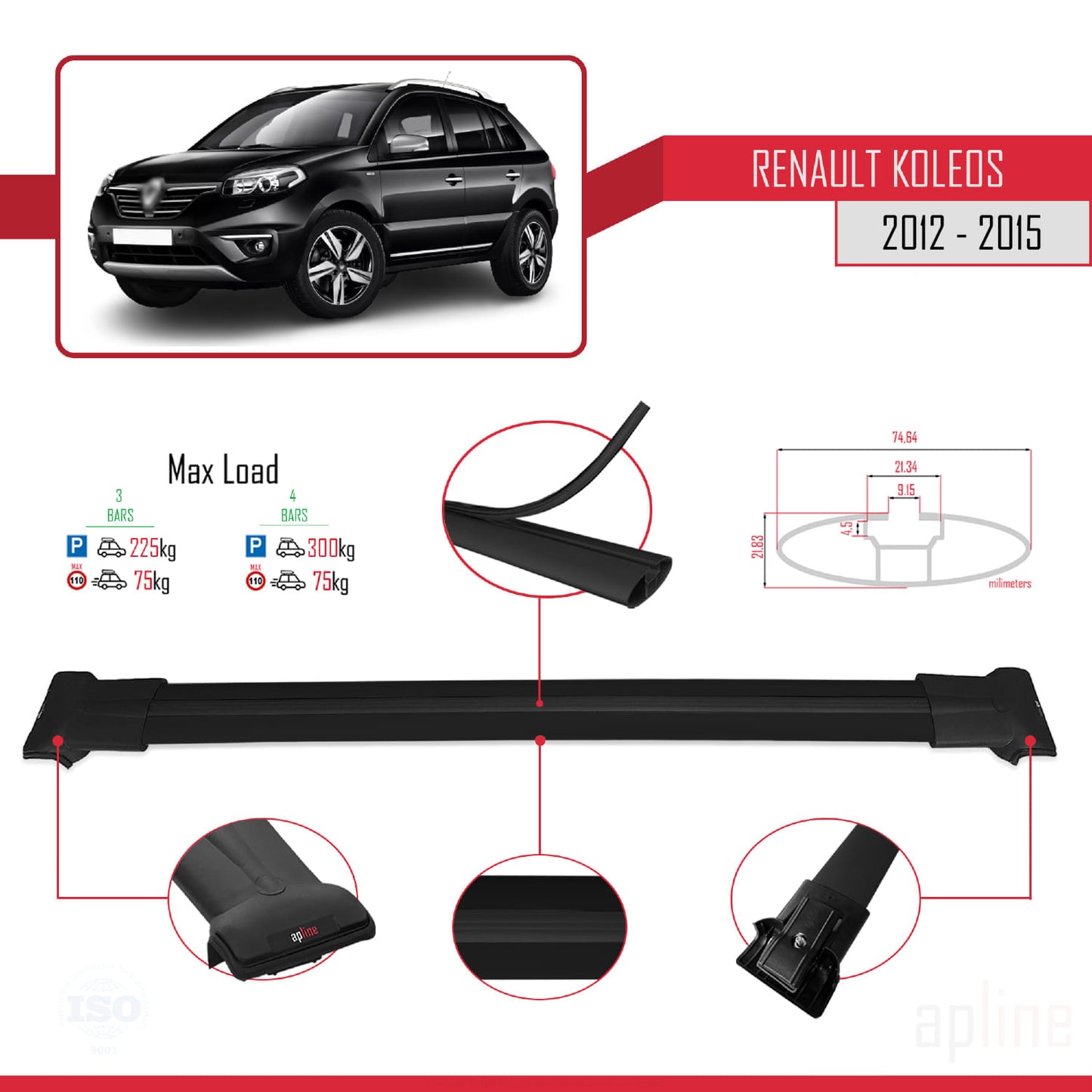 Compatible avec Renault Koleos (HY) Post-Facelift 2012-2015 FLY Model Barres de Toit Railing Porte-Bagages de Voiture Noir Aluminium 3 Barres