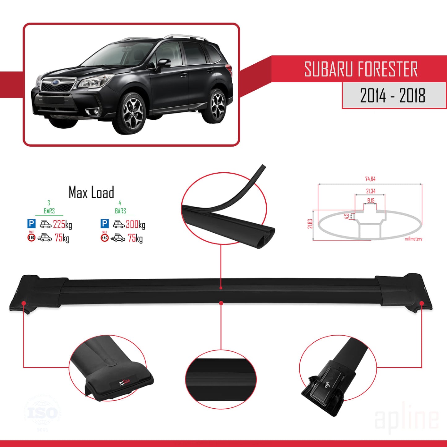 Kompatibel mit Subaru Forester 4 (SJ) 2014-2018 FLY Model Relingträger Dachträger Auto Gepäckträger Schwarz Aluminium 3 Stangen