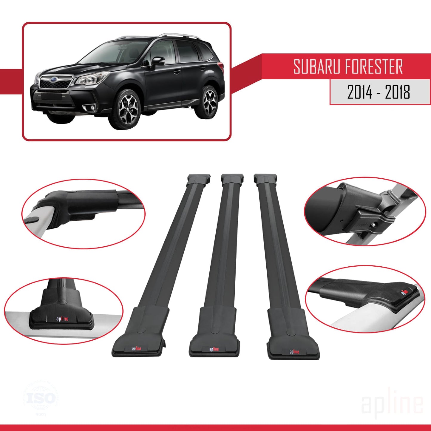 Kompatibel mit Subaru Forester 4 (SJ) 2014-2018 FLY Model Relingträger Dachträger Auto Gepäckträger Schwarz Aluminium 3 Stangen