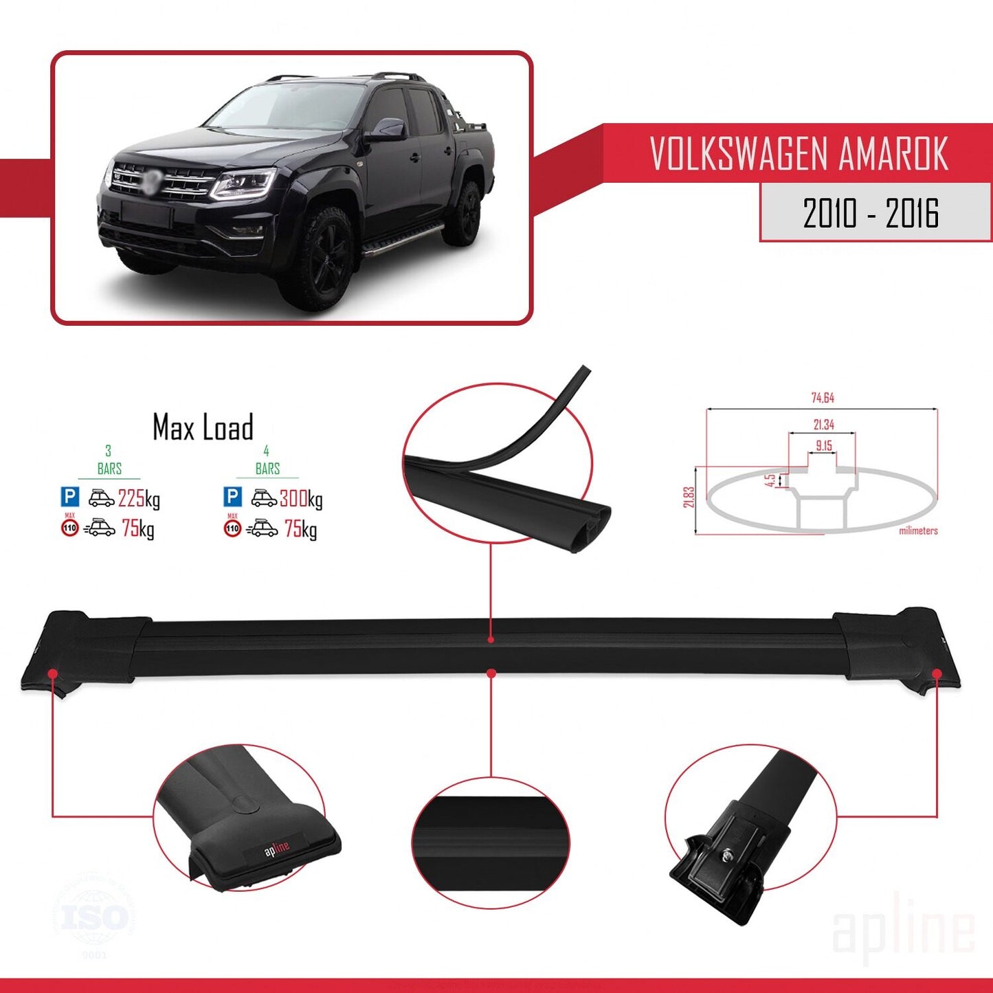 Compatible con Volkswagen Amarok (2F) Pre-Facelift 2010-2016 FLY Model Barras de Techo Auto Portaequipajes Barras Transversales Negro Aluminio 3 Barras