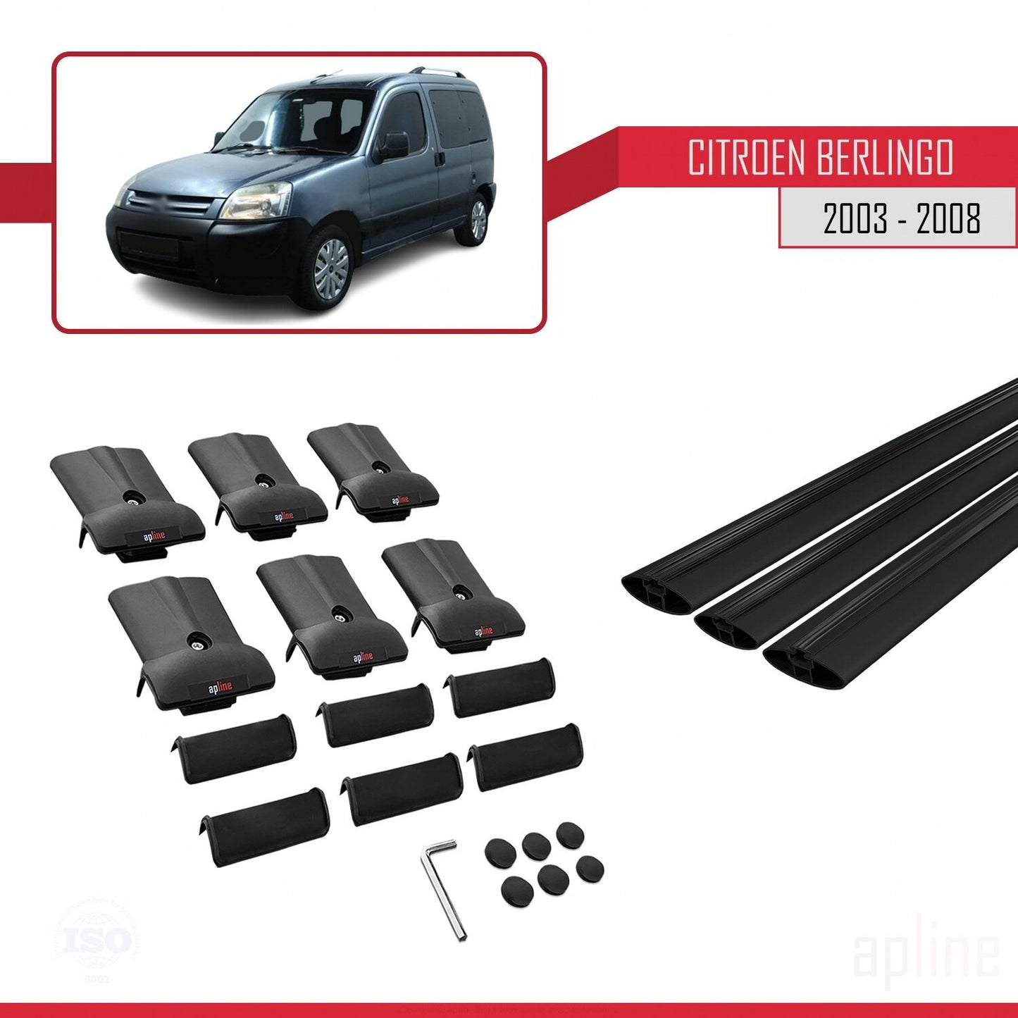 Compatibile con Citroen Berlingo (M59) 2003-2008 modello FLY Barre portatutto per auto Portapacchi in alluminio nero 3 barre