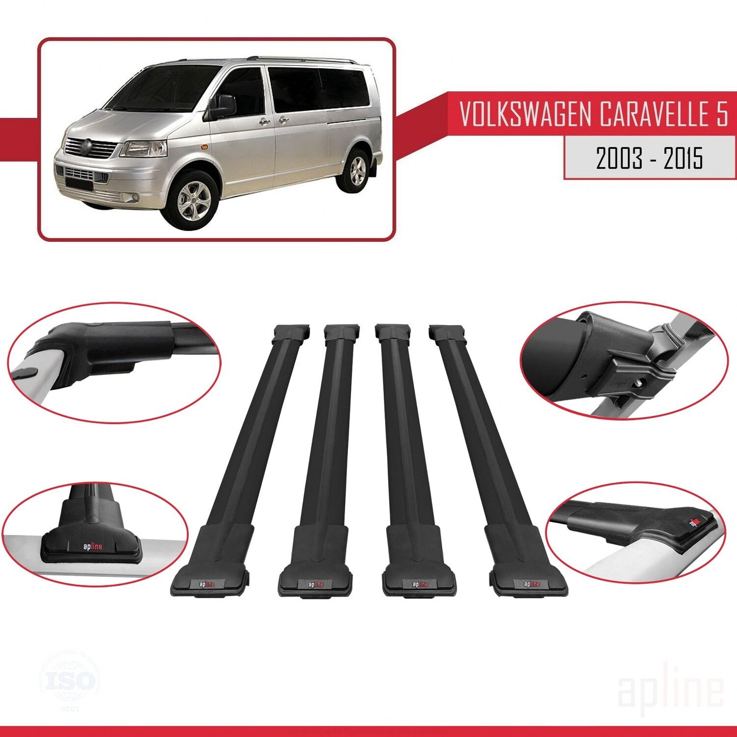 Compatibile con Volkswagen T5 Caravelle 2003-2015 FLY Model Barre Tetto Portapacchi Auto Barre Portatutto Nero Alluminio 4 Barre