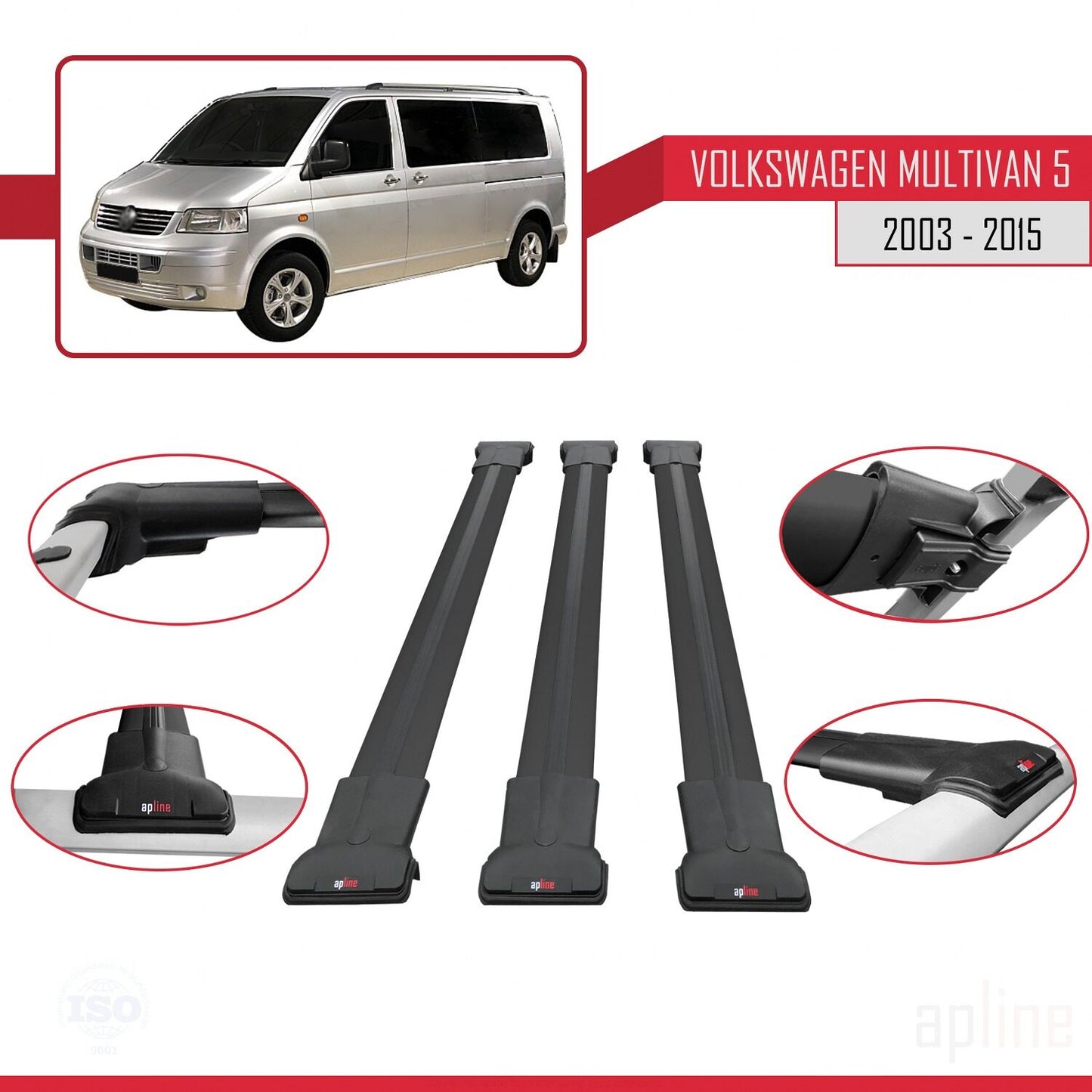 FLY Model Dakdrager bagagedrager compatibel met Volkswagen T5 Multivan 2003-2015 Spoorstaven Zwart Aluminium 3 Staven