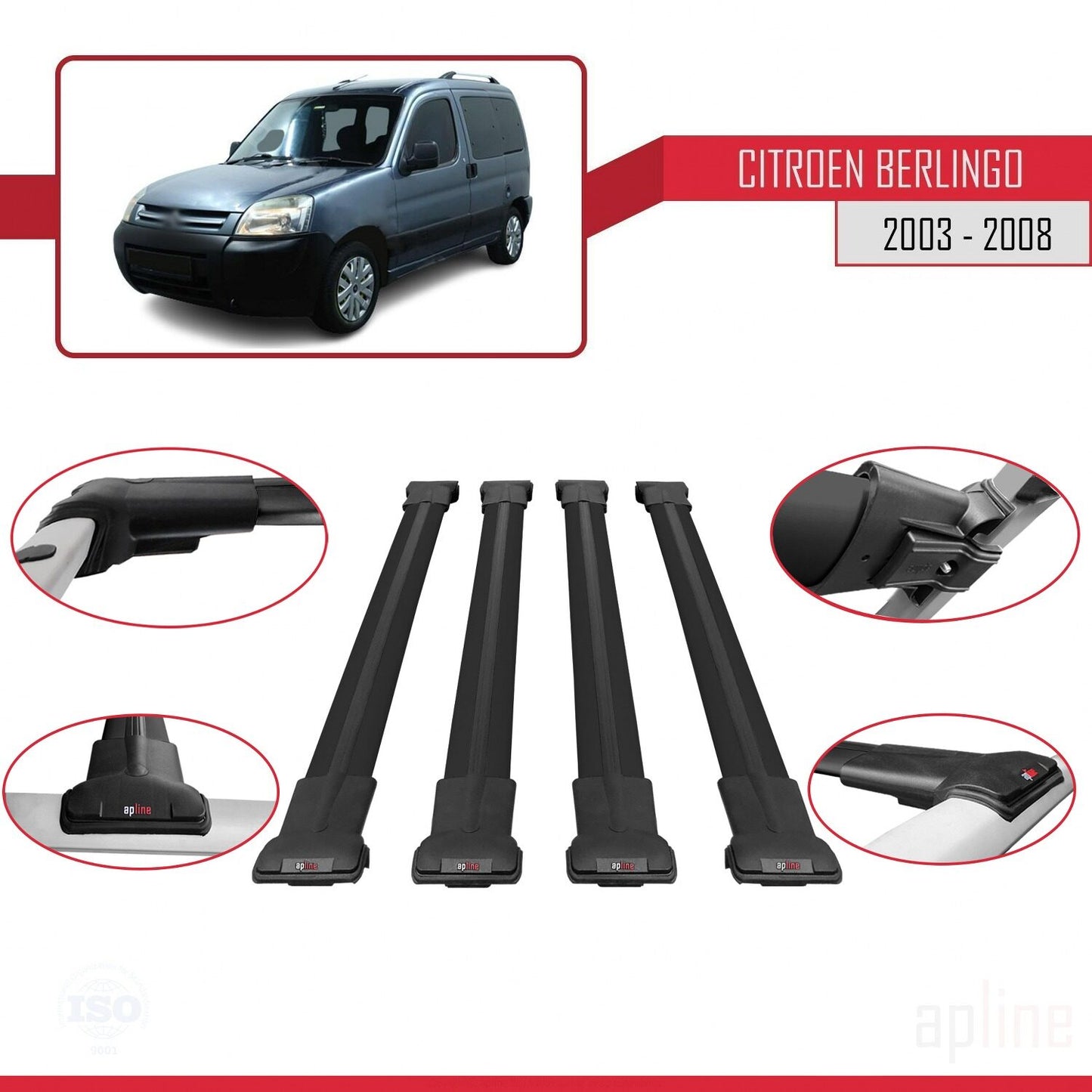 Compatibile con Citroen Berlingo (M59) 2003-2008 modello FLY Barre portatutto per auto Portapacchi in alluminio nero 4 barre
