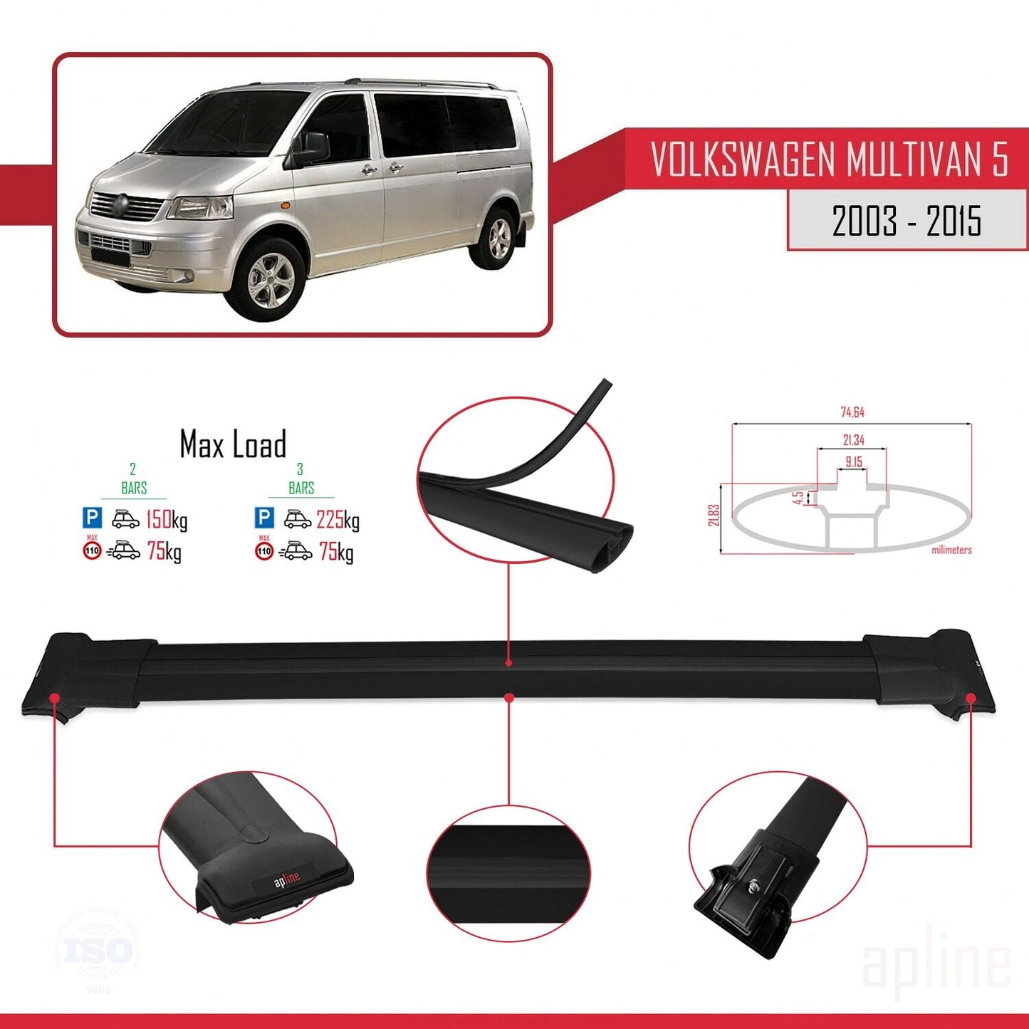 Kompatibel mit Volkswagen T5 Multivan 2003-2015 FLY Model Relingträger Dachträger Auto Gepäckträger Schwarz Aluminium 3 Stangen