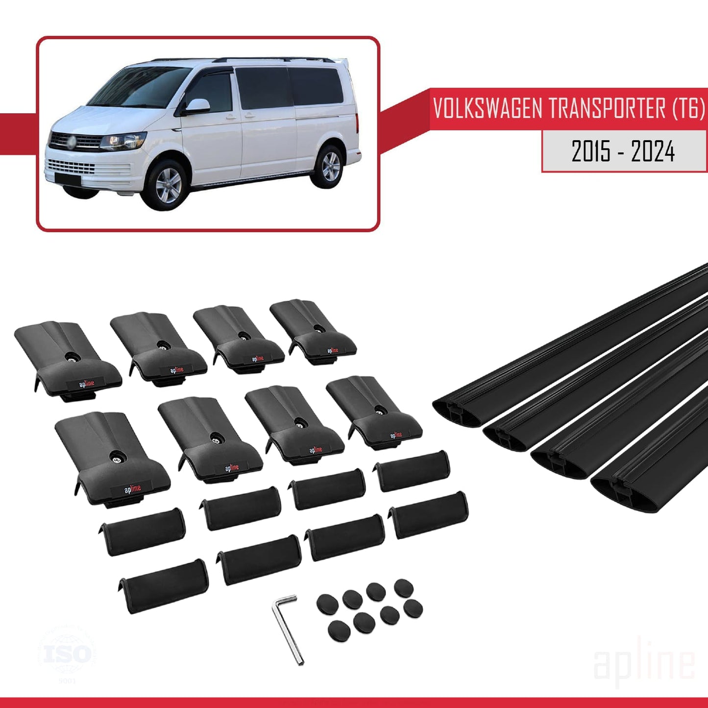 Compatible avec Volkswagen T6 Transporter 2015-2024 FLY Model Barres de Toit Railing Porte-Bagages de Voiture Noir Aluminium 4 Barres