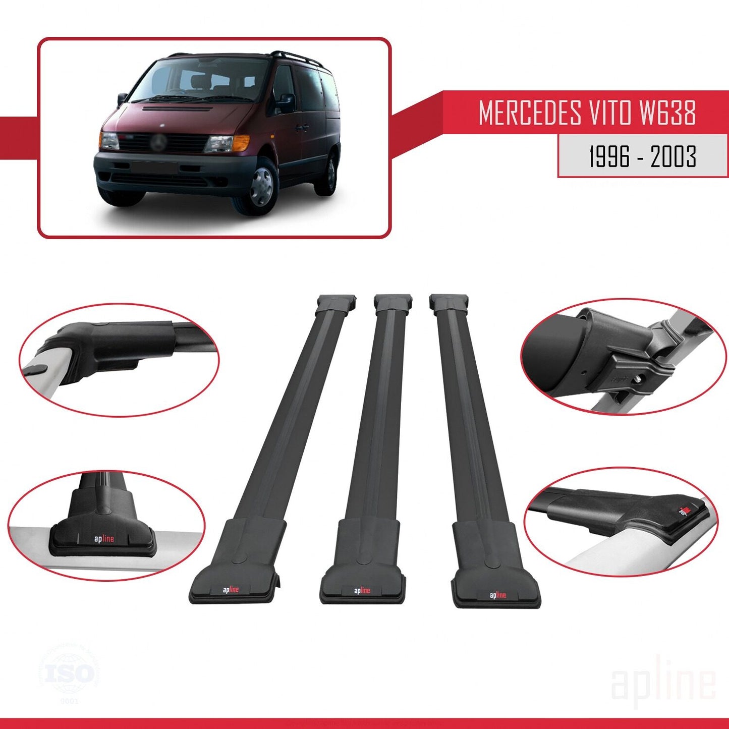 Compatible avec Mercedes Vito (W638) 1996-2003 FLY Model Barres de Toit Railing Porte-Bagages de Voiture Noir Aluminium 3 Barres