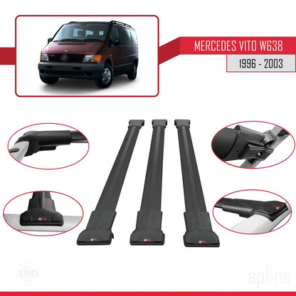 Compatible avec Mercedes Vito (W638) 1996-2003 FLY Model Barres de Toit Railing Porte-Bagages de Voiture Noir Aluminium 3 Barres