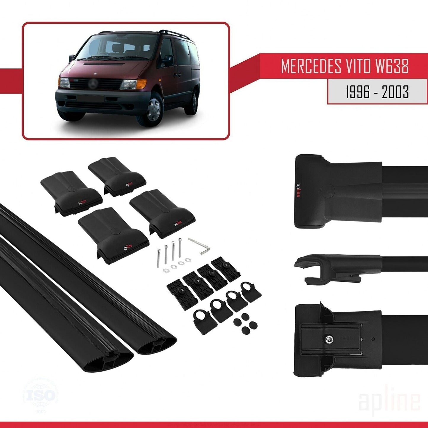 Compatible con Mercedes Vito (W638) 1996-2003 FLY Model Barras de Techo Auto Portaequipajes Barras Transversales Negro Aluminio 2 Barras