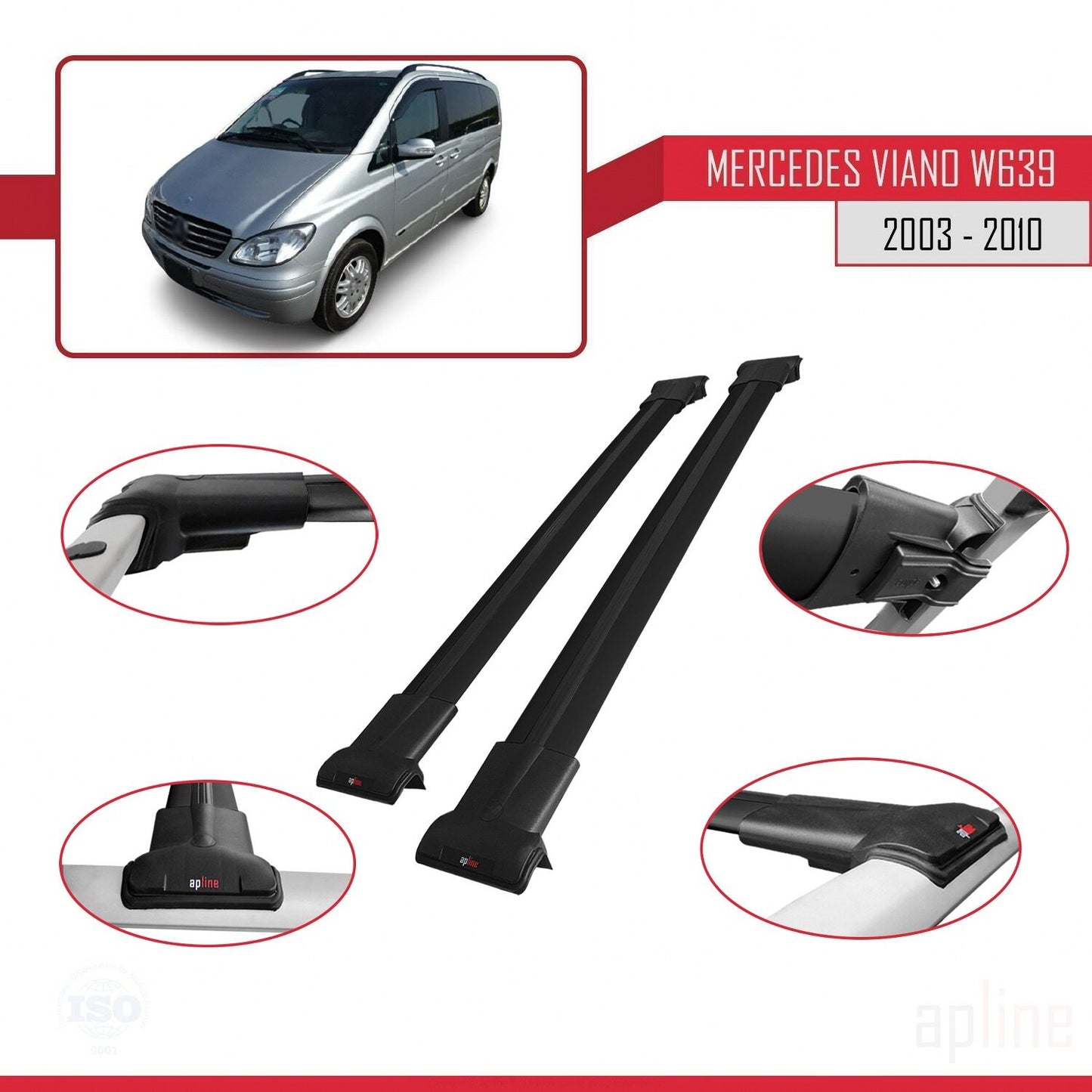 Compatible avec Mercedes Viano 2 (W639) Pre-Facelift 2003-2010 FLY Model Barres de Toit Railing Porte-Bagages de Voiture Noir Aluminium 2 Barres