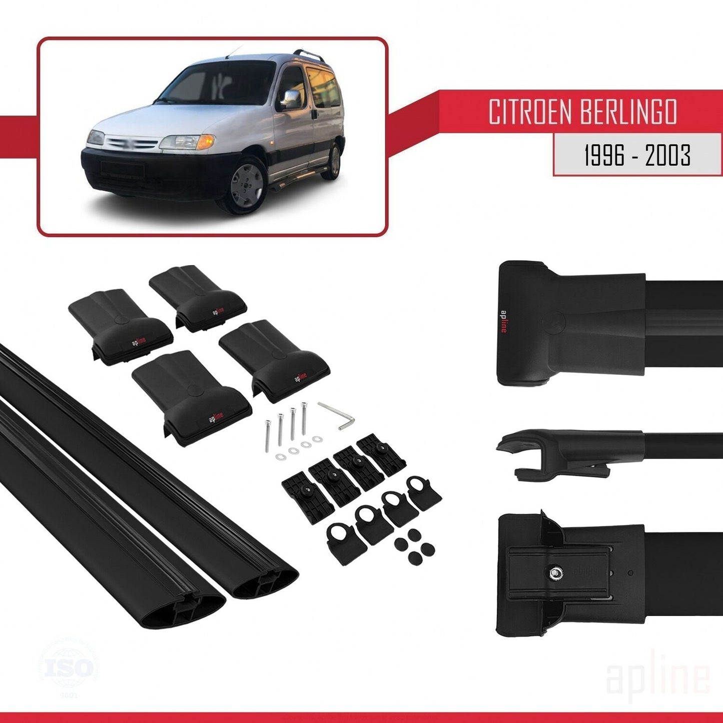 Compatibile con Citroen Berlingo (M49) 1996-2003 modello FLY Barre portatutto per auto Portapacchi in alluminio nero 2 barre