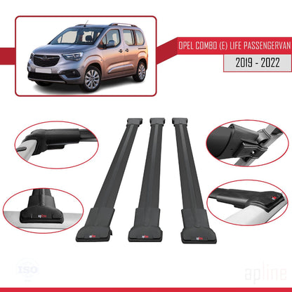 Compatible avec Opel Combo E Cargo 2019-2022 FLY Model Barres de Toit Railing Porte-Bagages de Voiture Noir Aluminium 3 Barres