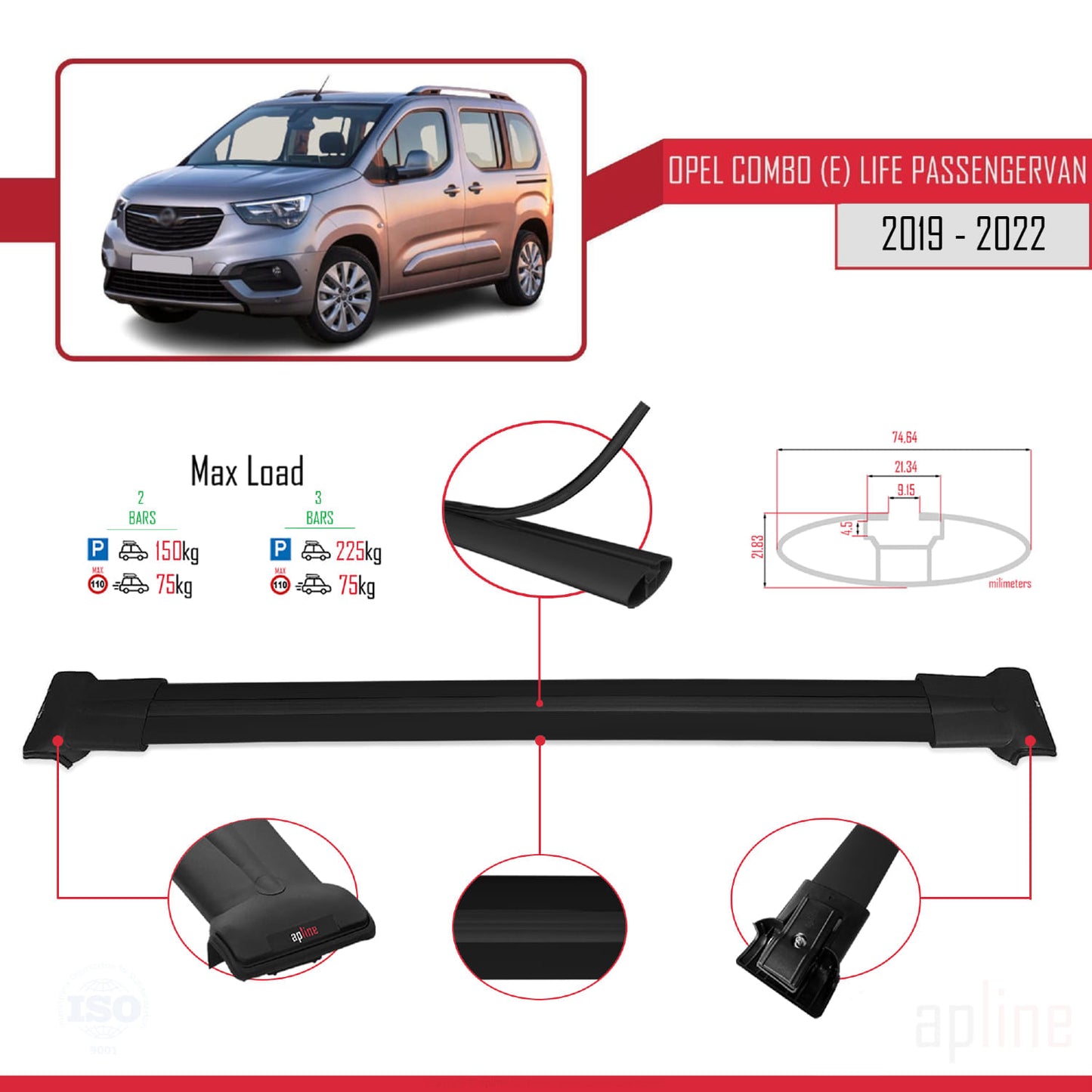 Compatible avec Opel Combo E Cargo 2019-2022 FLY Model Barres de Toit Railing Porte-Bagages de Voiture Noir Aluminium 2 Barres