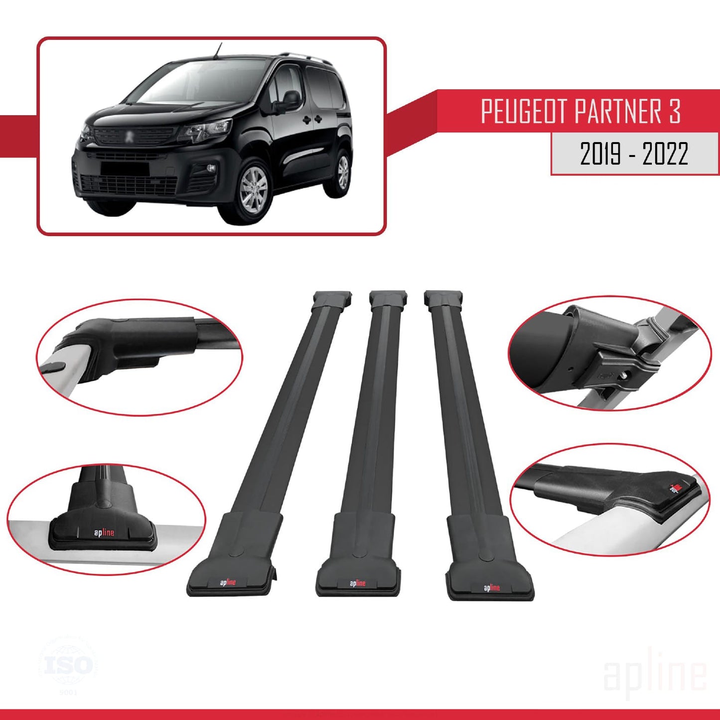 Compatible avec Peugeot Partner 3 2019-2022 FLY Model Barres de Toit Railing Porte-Bagages de Voiture Noir Aluminium 3 Barres