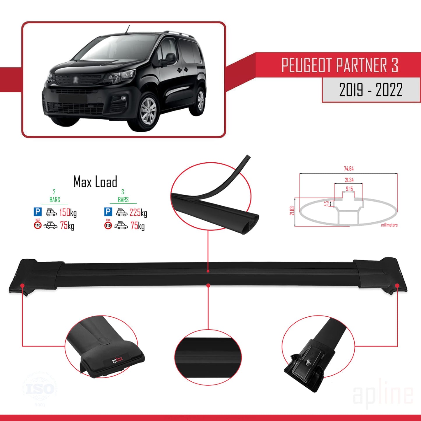 Compatible avec Peugeot Partner 3 2019-2022 FLY Model Barres de Toit Railing Porte-Bagages de Voiture Noir Aluminium 2 Barres