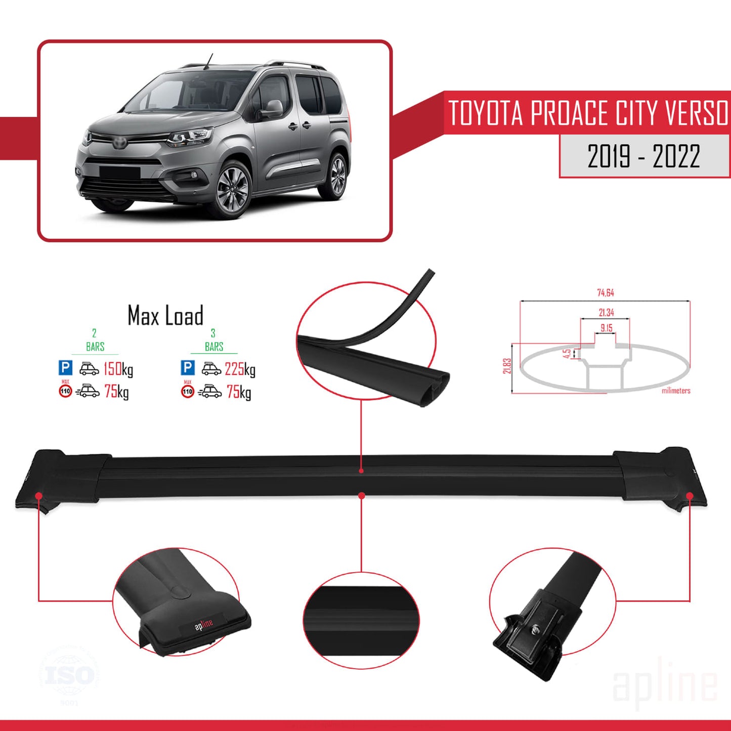 Kompatibel mit Toyota Proace City Verso 2019-2022 FLY Model Relingträger Dachträger Auto Gepäckträger Schwarz Aluminium 2 Stangen