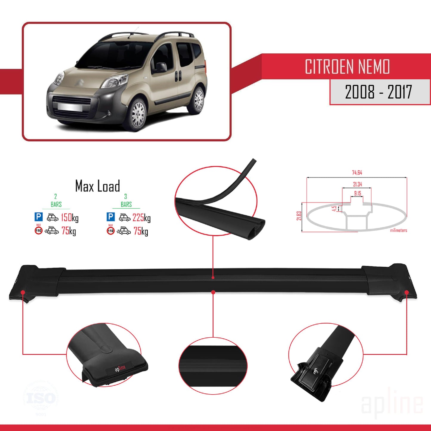 Compatibile con Citroen Nemo 3 (225) 2008-2017 FLY Model Barre Tetto Portapacchi Auto Barre Portatutto Nero Alluminio 2 Barre