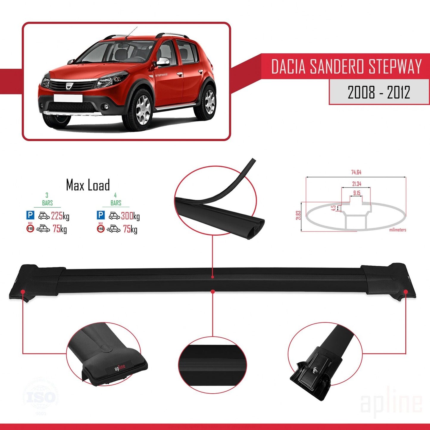 Compatible avec Dacia Sandero Stepway 2008-2012 FLY Model Barres de Toit Railing Porte-Bagages de Voiture Noir Aluminium 3 Barres