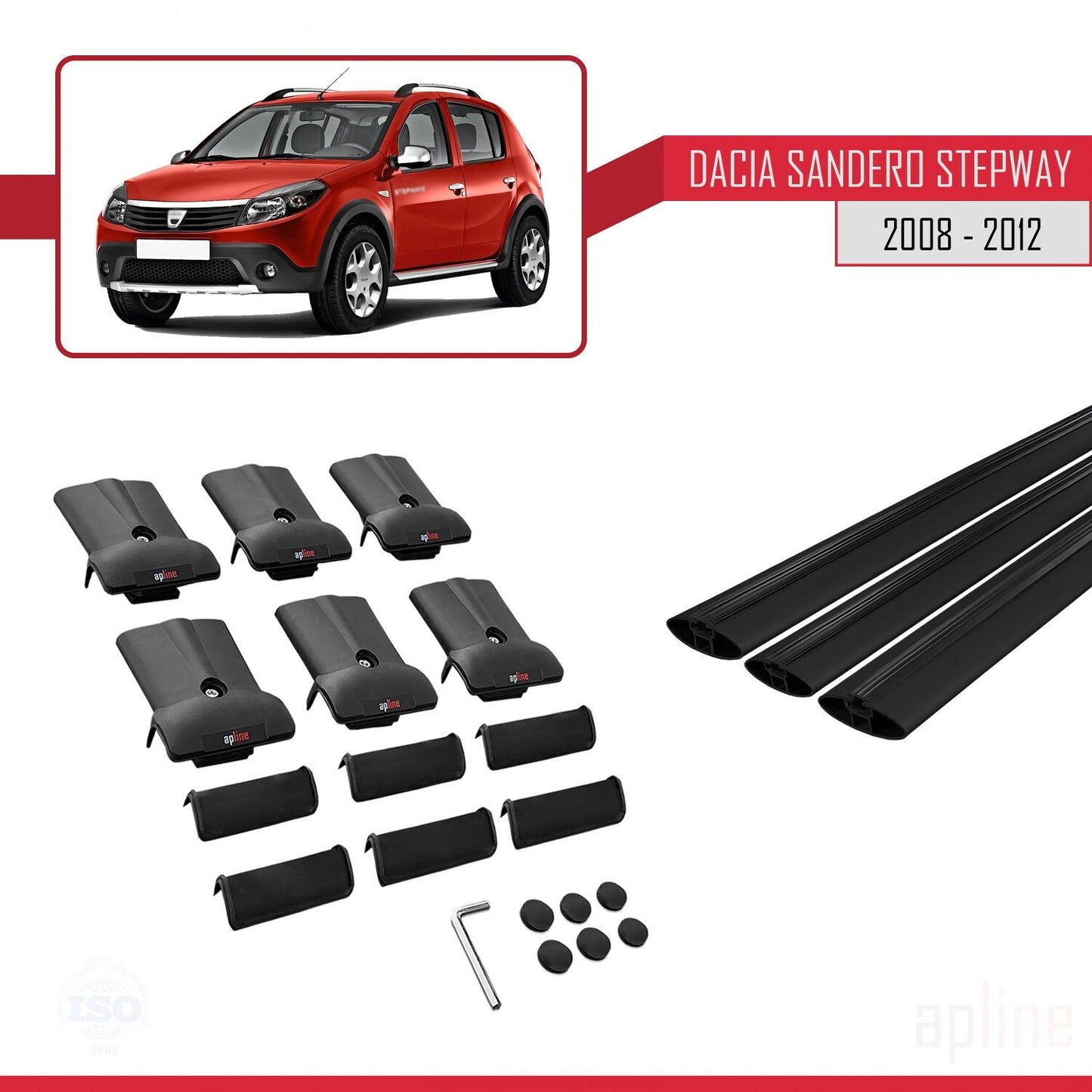 Compatible avec Dacia Sandero Stepway 2008-2012 FLY Model Barres de Toit Railing Porte-Bagages de Voiture Noir Aluminium 3 Barres